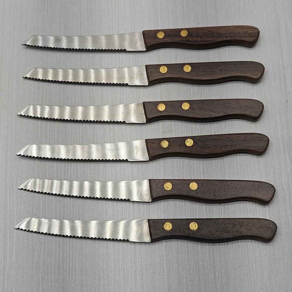 Vintage Stainless Japan Steak Knife Set 6 Wood Handle Brass Rivets Serrated MCM